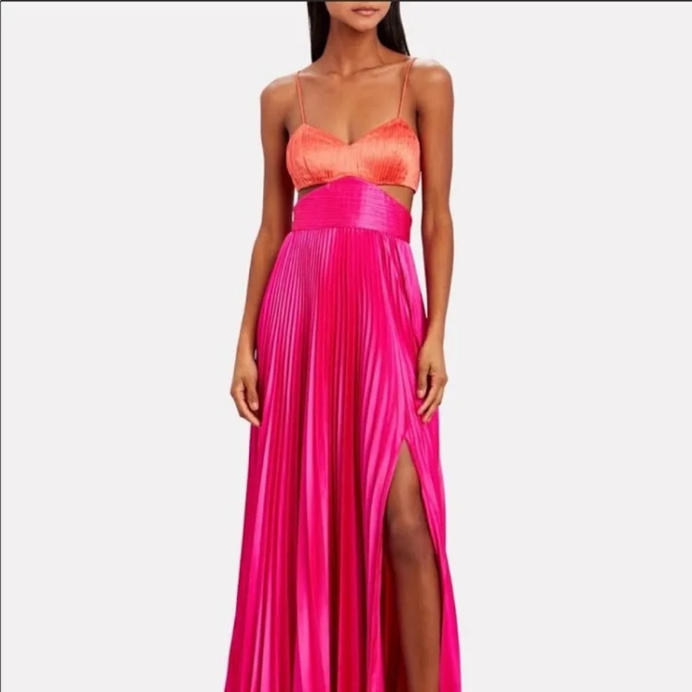 SOLD $698 AMUR ELODIE MULTICOLOR SATIN PLEATED GOWN SIZE S